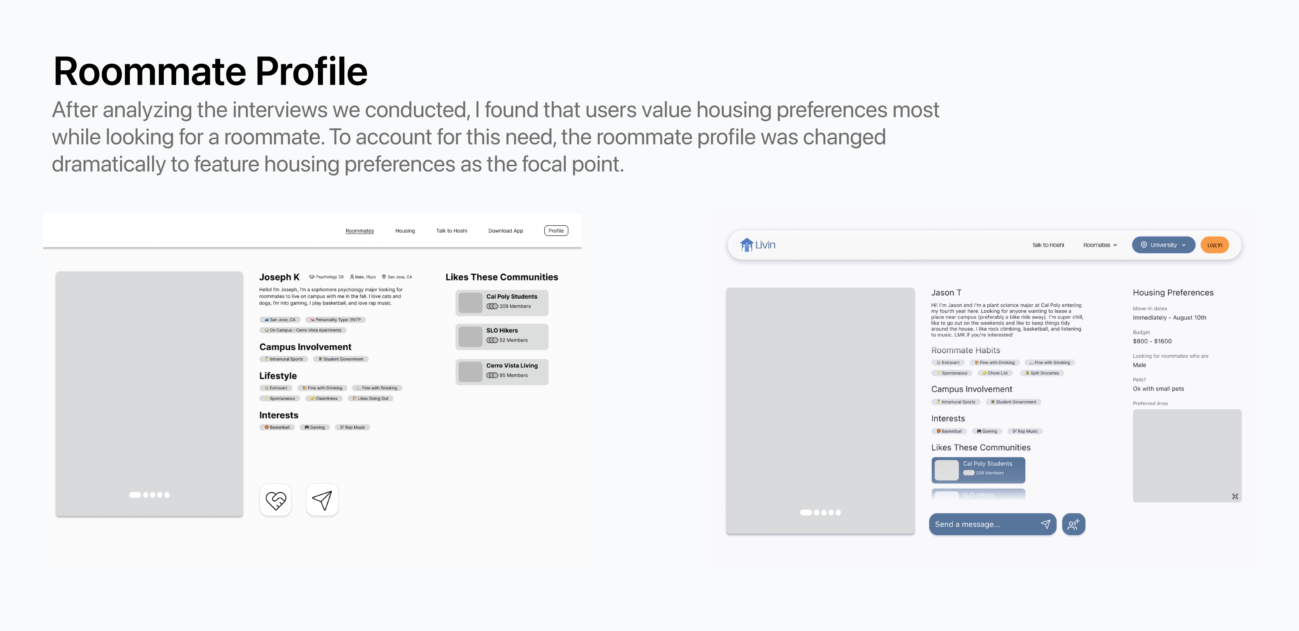 Diagram showing the change in the roommate profile from low-fi to mid-fi.