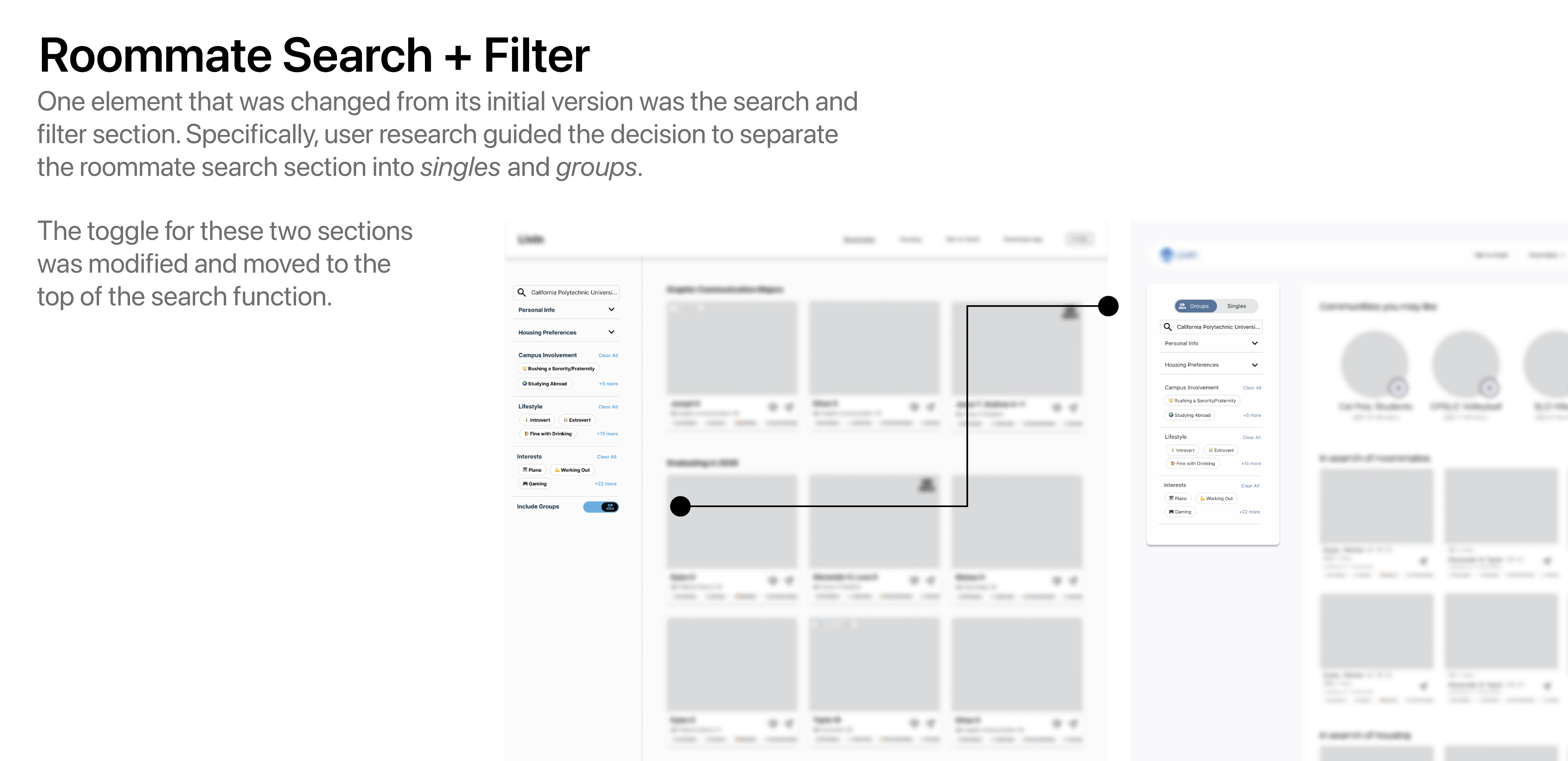 Diagram showing the change in the roommate search and filter options from low-fi to mid-fi.