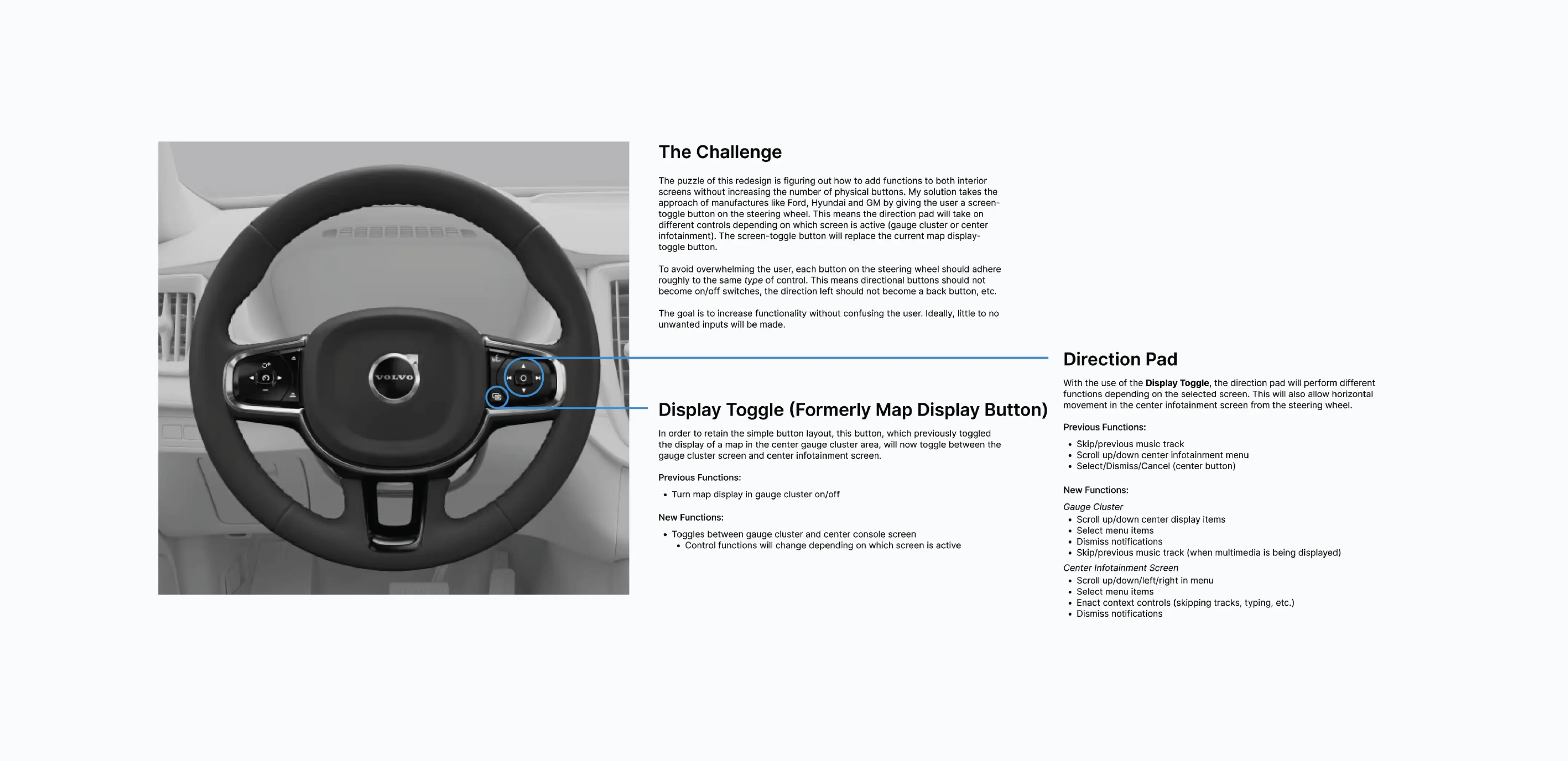 A photo of a Volvo steering wheel with annotations describing the new control scheme.