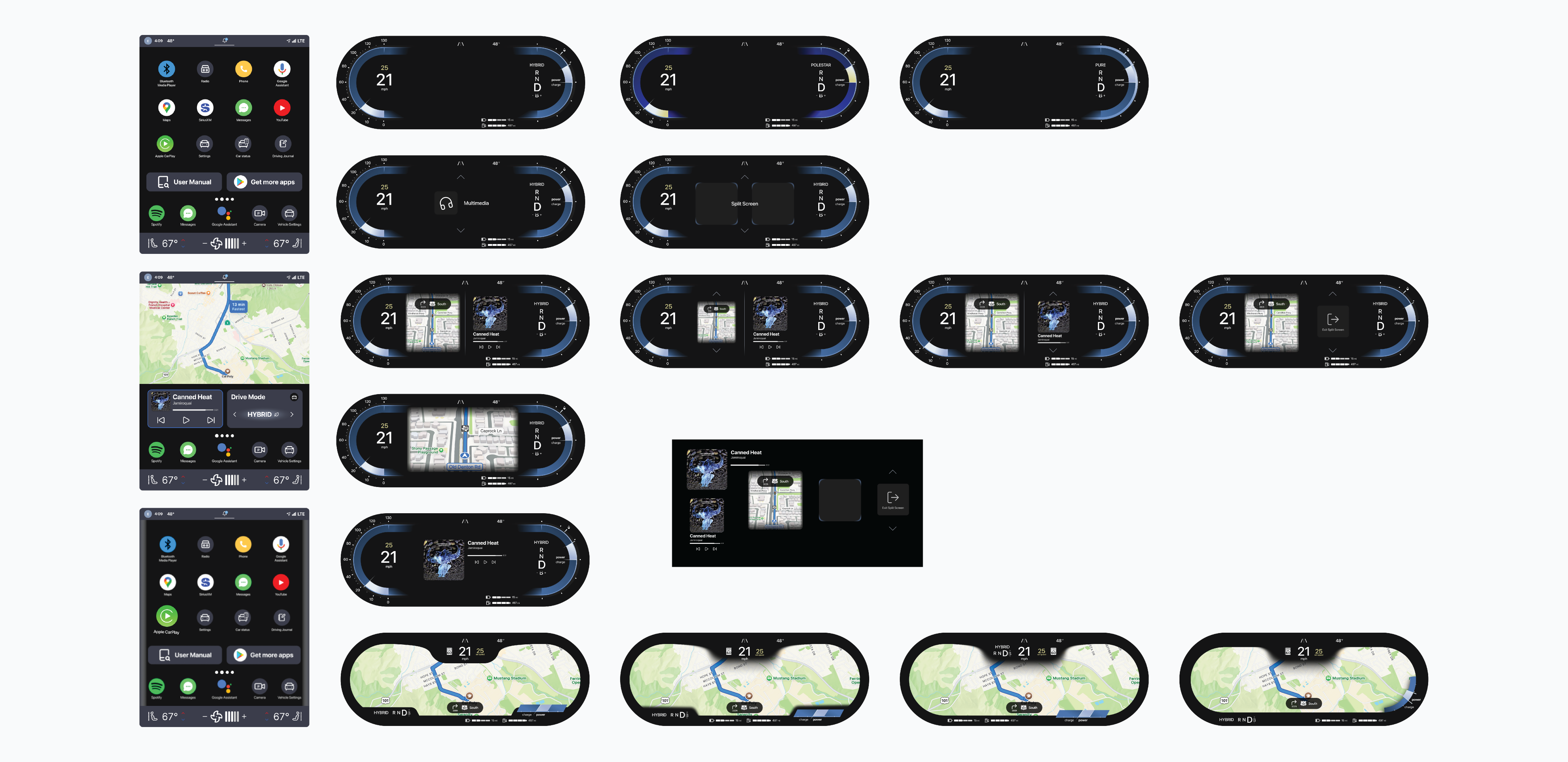 Iterations of the new infotainment and gauge cluster screens.