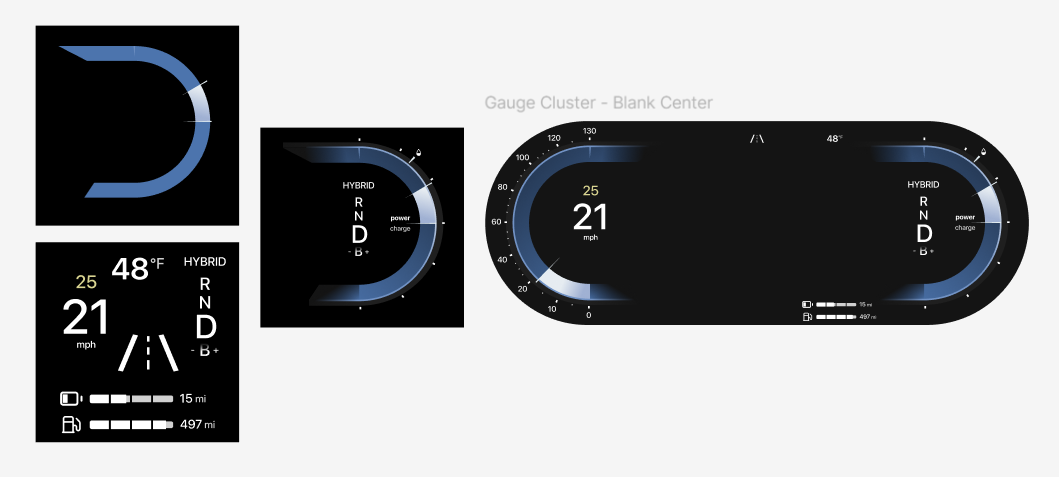 The gauge cluster screen, split up into its elements.