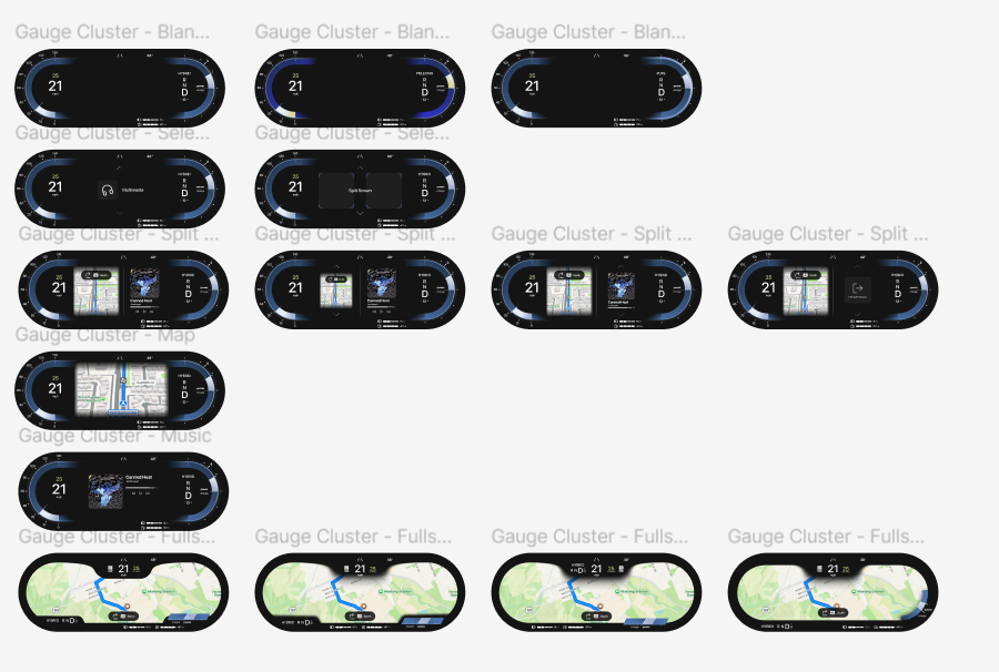 Versions of the new gauge cluster screen.