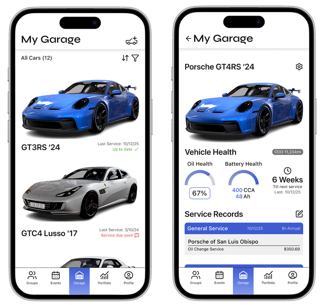 Two phones showing the Carfolio app.