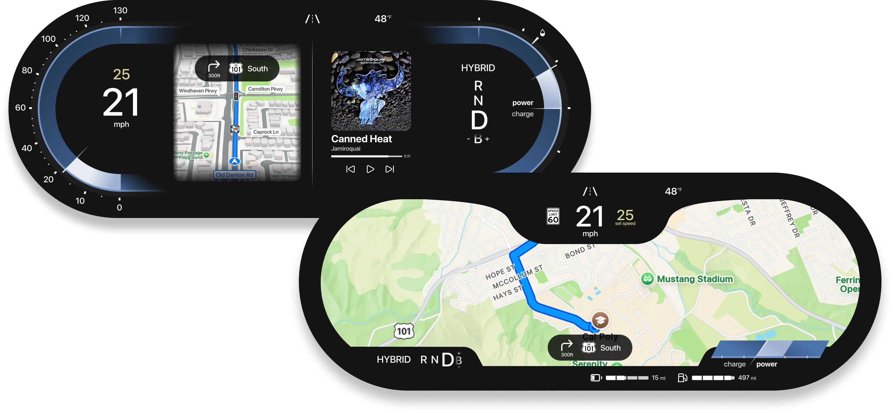 Two gauge cluster screen mockups.